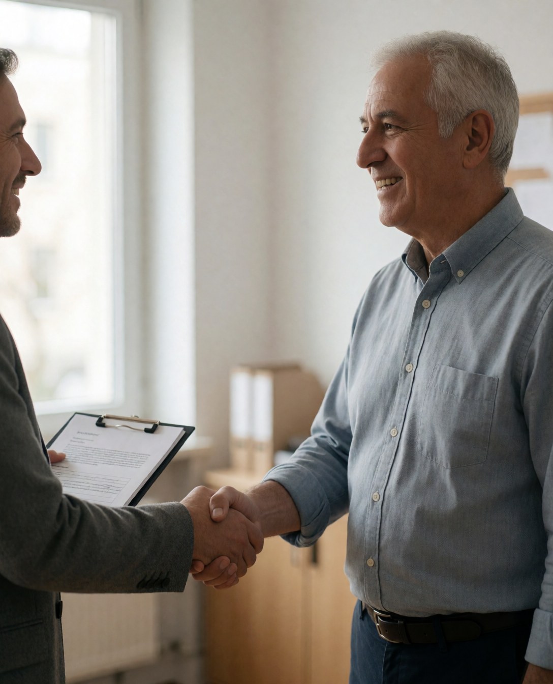 Un client et un comptable sourient en se serrant la main dans un bureau professionnel, tenant un document dans une chemise près d'une fenêtre.