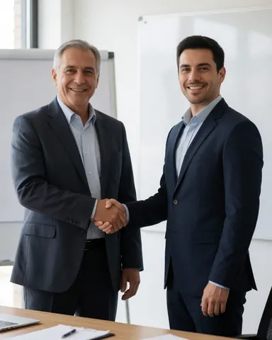 Deux hommes en costume se serrent la main dans une salle de réunion avec un tableau blanc, souriant dans un cadre professionnel.