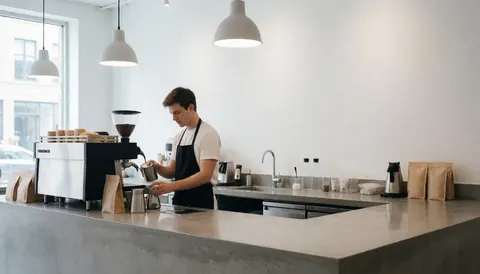 Un barista prépare du café dans un café moderne avec un comptoir en béton, des suspensions et une fenêtre. Espace épuré et lumineux.