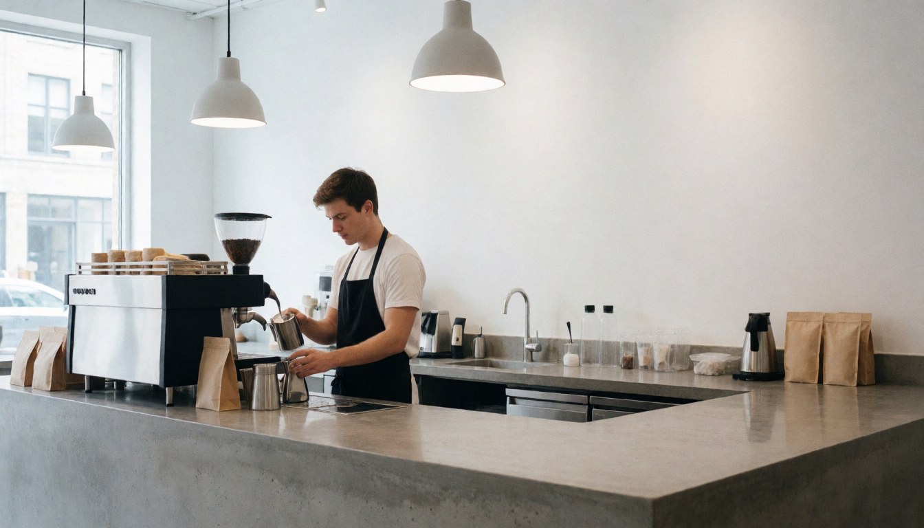 Un barista prépare du café dans un café moderne avec un comptoir en béton, des suspensions et une fenêtre. Espace épuré et lumineux.