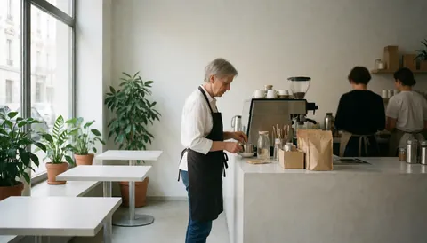 Un barista prépare du café dans un café moderne aux tables blanches et plantes vertes, baigné de lumière naturelle.