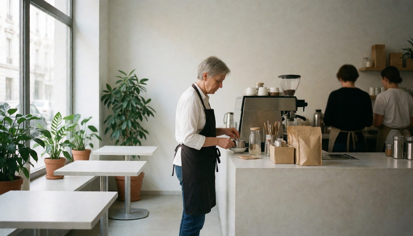 Un barista prépare du café dans un café moderne aux tables blanches et plantes vertes, baigné de lumière naturelle.