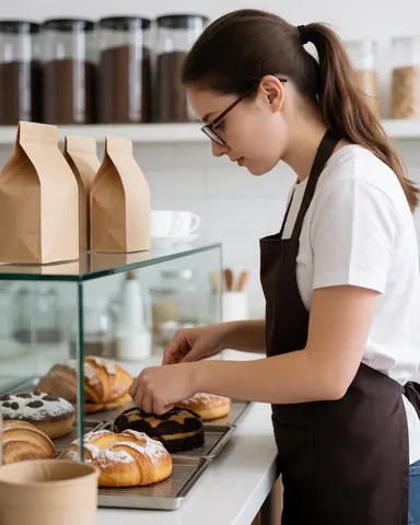 Un jeune barista portant des lunettes et une queue-de-cheval arrange des pâtisseries devant une vitrine, avec des grains de café en arrière-plan.