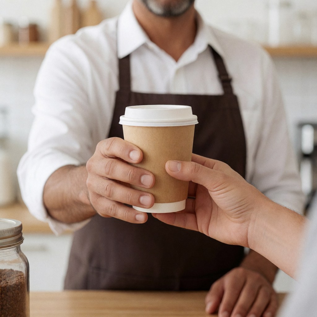 Une tasse de café en papier avec un couvercle blanc posée sur le comptoir d'un café pour les clients.