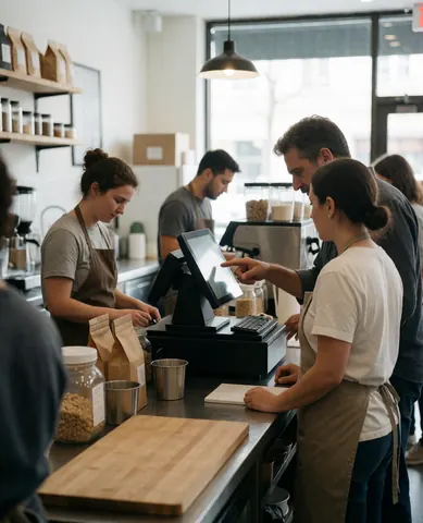Un groupe de collaborateurs participe à une session de formation au sein d'un établissement de café, favorisant la collaboration et le développement professionnel.