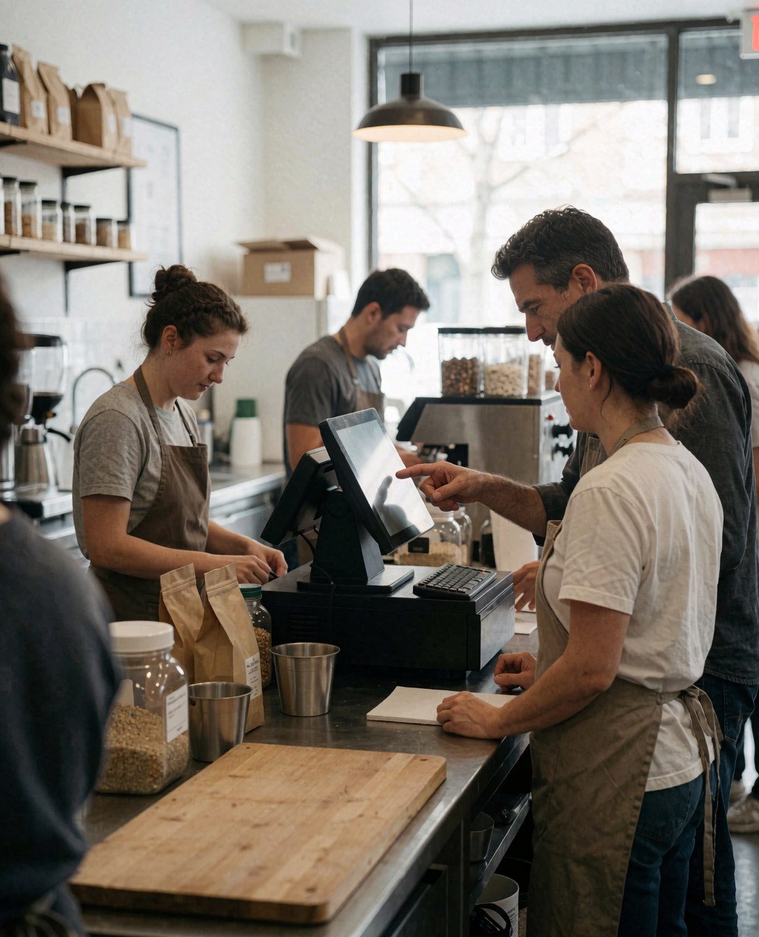 Un groupe de collaborateurs participe à une session de formation au sein d'un établissement de café, favorisant la collaboration et le développement professionnel.