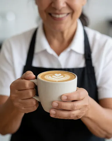 Une barisante souriante tient une tasse de café ornée d'un motif en lait sur fond flou dans un cadre moderne.