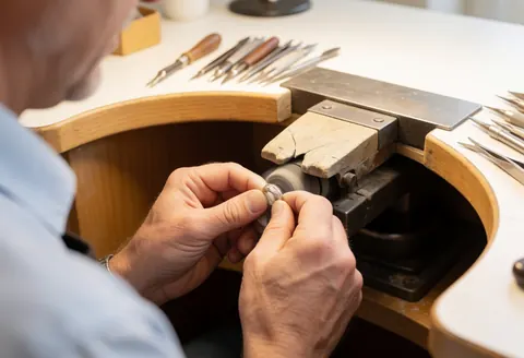 Un joaillier professionnel polissant minutieusement une bague dans un atelier propre et bien éclairé, entouré d'outils de précision.