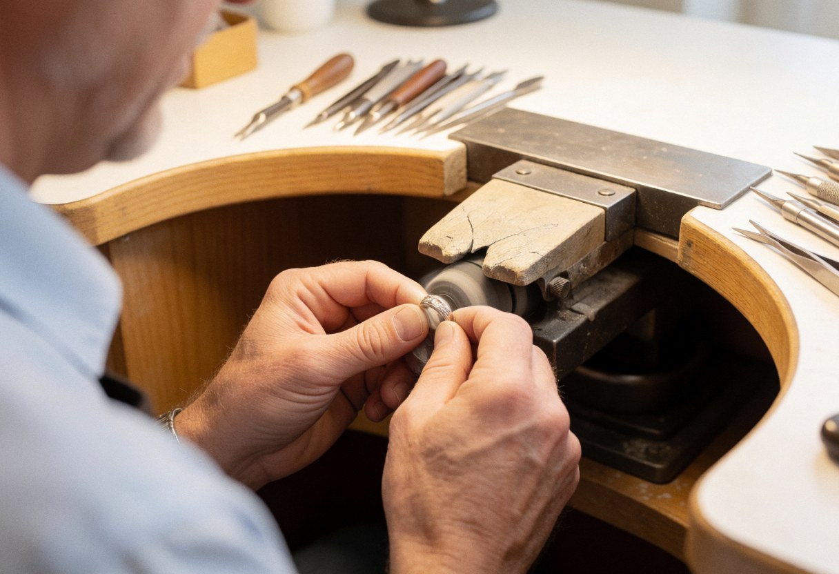 Un joaillier professionnel polissant minutieusement une bague dans un atelier propre et bien éclairé, entouré d'outils de précision.