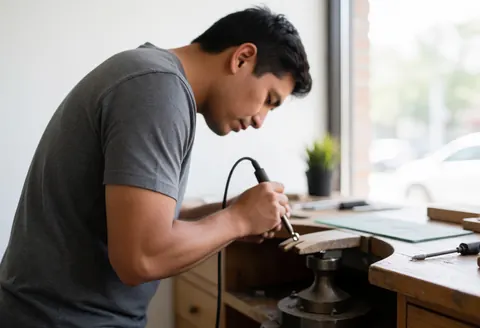 Artisan joaillier concentré travaillant avec des outils en métal dans son atelier éclairé par la lumière naturelle.