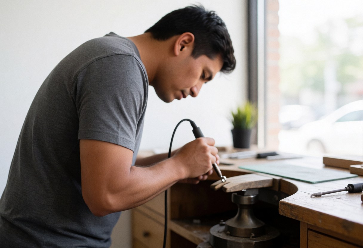Artisan joaillier concentré travaillant avec des outils en métal dans son atelier éclairé par la lumière naturelle.