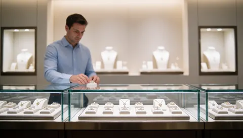 Vue intérieure d'un magasin de bijoux présentant des vitrines en verre abritant des parures en or et argent, dans un cadre élégant et professionnel.