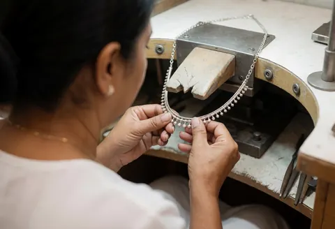 Un artisan joaillier travaille avec soin sur un collier en argent dans son atelier, utilisant des outils spécialisés pour façonner le métal.