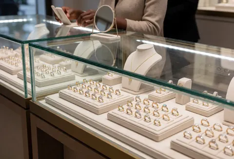 Vitrine de bijouterie avec anneaux et colliers sur présentoirs en velours, éclairage lumineux, miroir et personne consultant un produit.