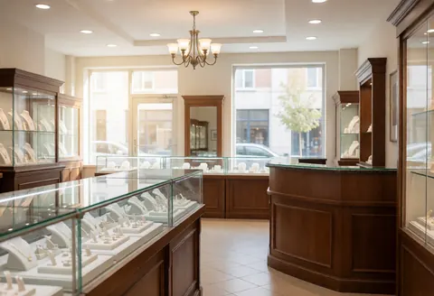 Intérieur élégant d'une boutique de bijoux vide, vitrines en verre, comptoir en bois et fenêtre laissant entrer la lumière naturelle.