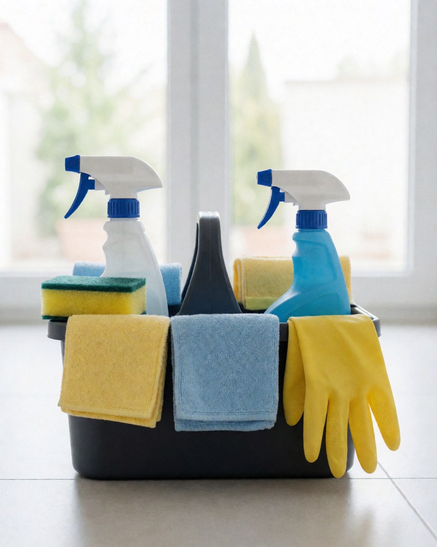 Un panier contenant des produits de nettoyage professionnels incluant un vaporisateur, des gants et une éponge pour le ménage.