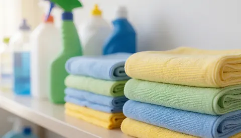 Serviettes en microfibre aux couleurs pastel et produits d'entretien disposés sur des étagères blanches, offrant un fond professionnel pour des textes promotionnels.