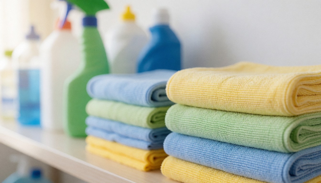 Serviettes en microfibre aux couleurs pastel et produits d'entretien disposés sur des étagères blanches, offrant un fond professionnel pour des textes promotionnels.