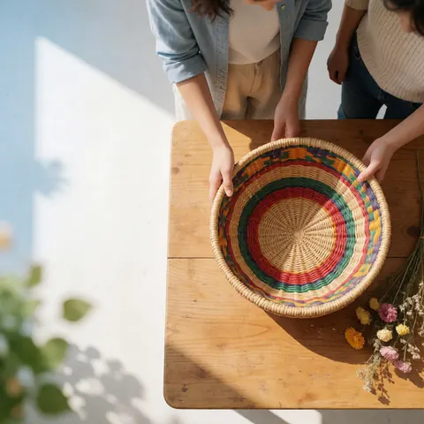 Deux mains soutiennent un panier aux motifs vifs posé sur une table en bois, entouré de fleurs séchées et baigné de lumière naturelle.