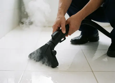 Un vaporisateur de nettoyage est visible au premier plan, posé directement sur le carrelage du sol dans une salle de bain.