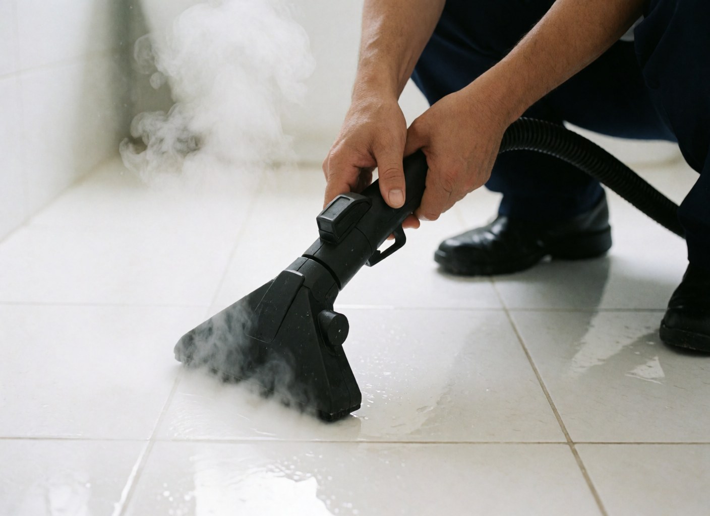 Un vaporisateur de nettoyage est visible au premier plan, posé directement sur le carrelage du sol dans une salle de bain.