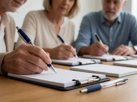 Trois personnes âgées prennent des notes dans des carnets posés sur une table en bois lors d'une réunion professionnelle.