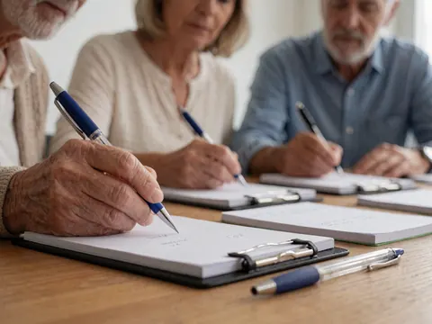 Trois personnes âgées prennent des notes dans des carnets posés sur une table en bois lors d'une réunion professionnelle.