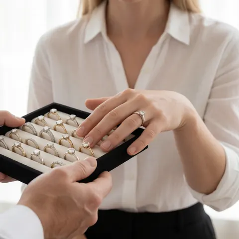 Une cliente essaie des bagues tandis qu'un vendeur présente une boîte à bijoux dans un environnement professionnel avec une lumière douce.