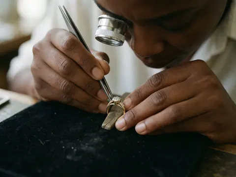 Gros plan sur les mains d'un artisan joaillier utilisant des pinces et une loupe pour assembler délicatement un anneau en or avec un diamant dans son atelier.