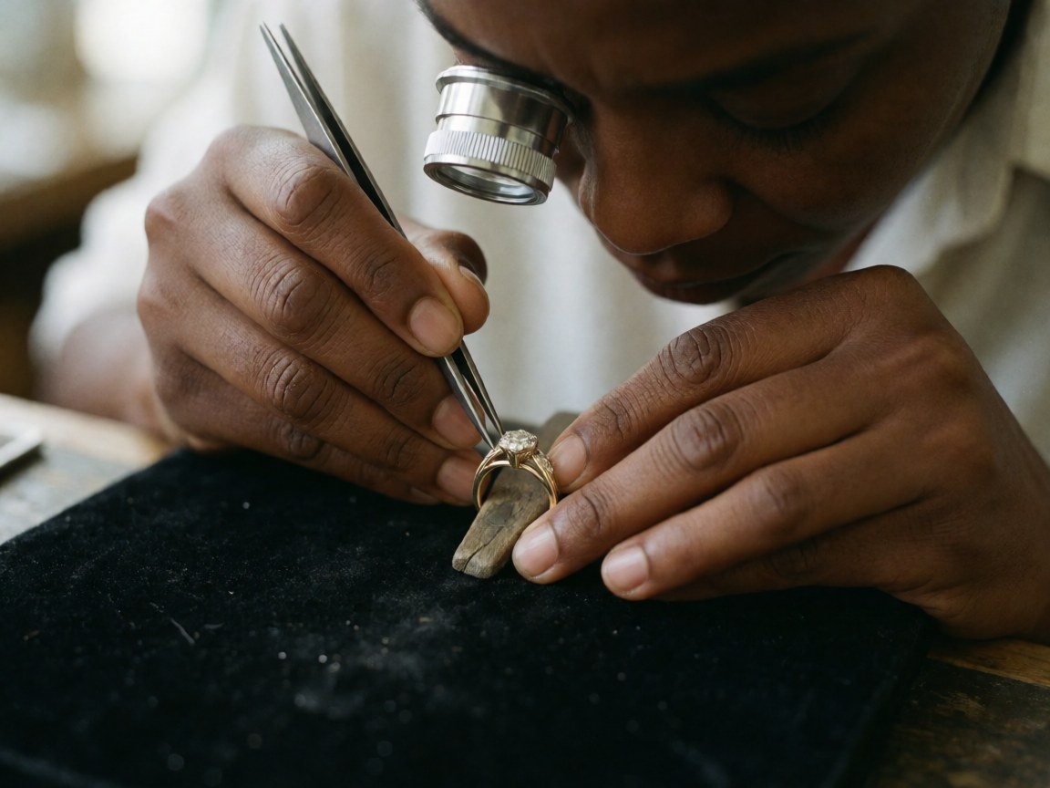 Gros plan sur les mains d'un artisan joaillier utilisant des pinces et une loupe pour assembler délicatement un anneau en or avec un diamant dans son atelier.