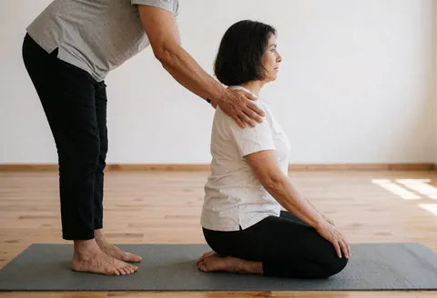 Un instructeur de yoga ajuste la posture d'une femme sur un tapis dans un studio lumineux au sol en bois, dans une ambiance calme et professionnelle.