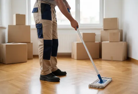 Un homme effectue le nettoyage d'un parquet en bois à l'aide d'une serpillère, avec des cartons visibles en arrière-plan dans un intérieur baigné de lumière naturelle.