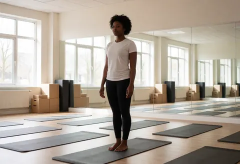Un studio de yoga vide équipé de tapis de sol et de grands miroirs baigné de lumière naturelle. Une femme médite en posture calme, prête à commencer sa pratique.