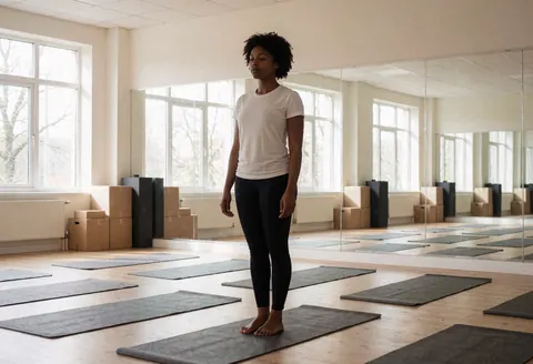 Un studio de yoga vide équipé de tapis de sol et de grands miroirs baigné de lumière naturelle. Une femme médite en posture calme, prête à commencer sa pratique.