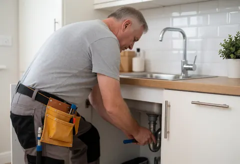 Un plombier avec une ceinture à outils intervient sous l'évier d'une cuisine moderne équipée d'un robinet et de carreaux blancs.