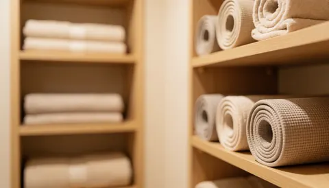 Étagère en bois contenant des couvertures et des tapis de yoga et pilates, présentée sur un fond flou aux tons chauds, servant de support visuel pour du texte.