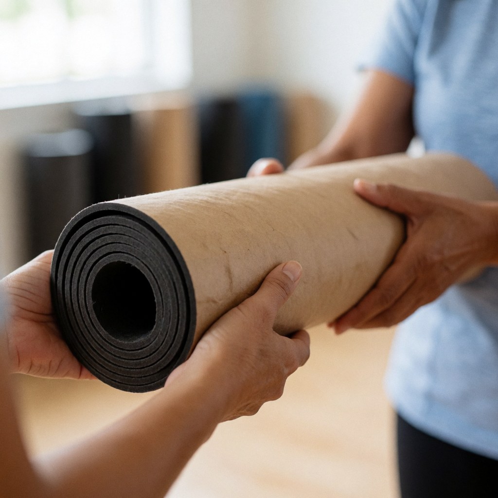 Un professionnel remet un tapis de yoga enroulé à un client dans un studio lumineux et calme.