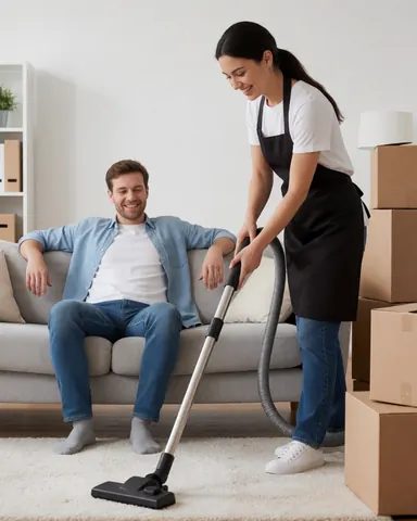 Un homme souriant sur un canapé pendant qu'une femme en tablier aspire le sol du salon, illustrant un service de nettoyage professionnel et efficace.