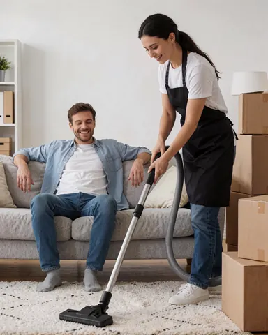 Un homme souriant sur un canapé pendant qu'une femme en tablier aspire le sol du salon, illustrant un service de nettoyage professionnel et efficace.