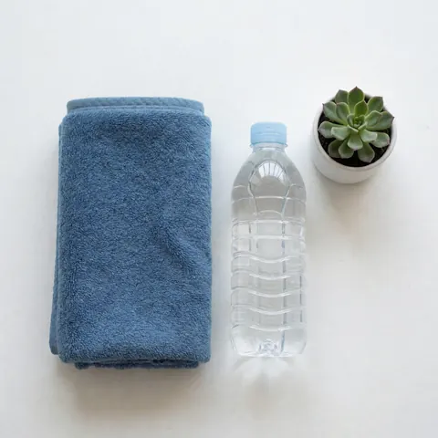 Serviette bleue pliée, bouteille d'eau et plante succulente sur une surface blanche, scène minimaliste pour yoga et pilates