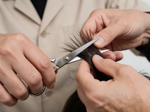 Gros plan sur des ciseaux professionnels en train de couper des cheveux foncés avec précision.