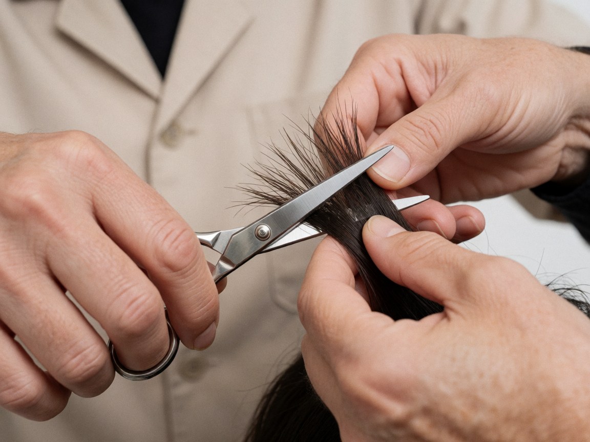 Gros plan sur des ciseaux professionnels en train de couper des cheveux foncés avec précision.