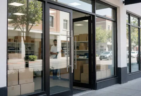 Façade contemporaine en verre d'une entreprise de nettoyage, une personne travaillant à l'intérieur parmi des cartons, évoquant propreté et professionnalisme.