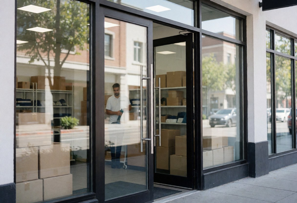 Façade contemporaine en verre d'une entreprise de nettoyage, une personne travaillant à l'intérieur parmi des cartons, évoquant propreté et professionnalisme.