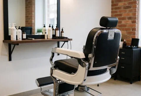 Un fauteuil de barbier classique au design traditionnel, placé dans un intérieur de boutique avec des éléments de décoration.