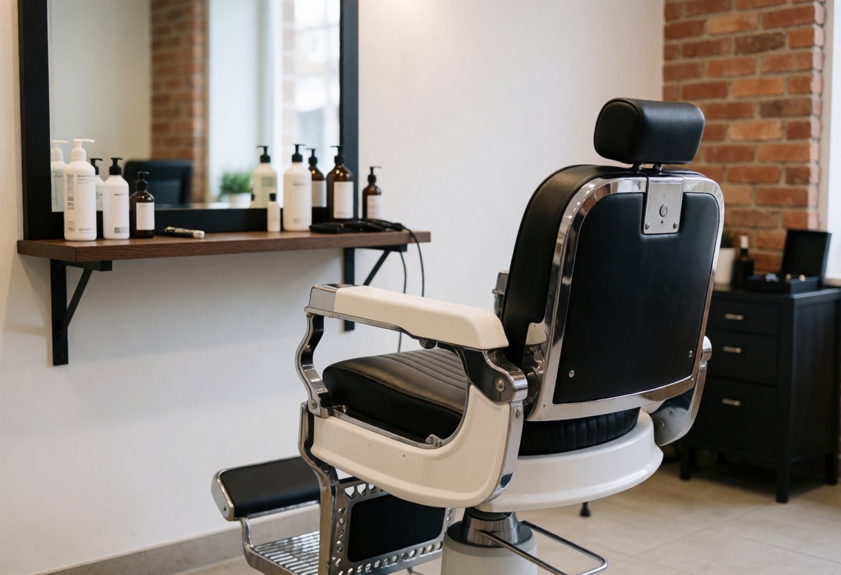 Un fauteuil de barbier classique au design traditionnel, placé dans un intérieur de boutique avec des éléments de décoration.