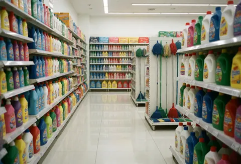 Intérieur d'un magasin de produits d'entretien avec des étagères remplies de bidons, un sol brillant reflétant la lumière moderne et une serpillère posée au sol.
