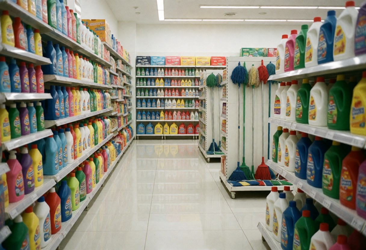 Intérieur d'un magasin de produits d'entretien avec des étagères remplies de bidons, un sol brillant reflétant la lumière moderne et une serpillère posée au sol.