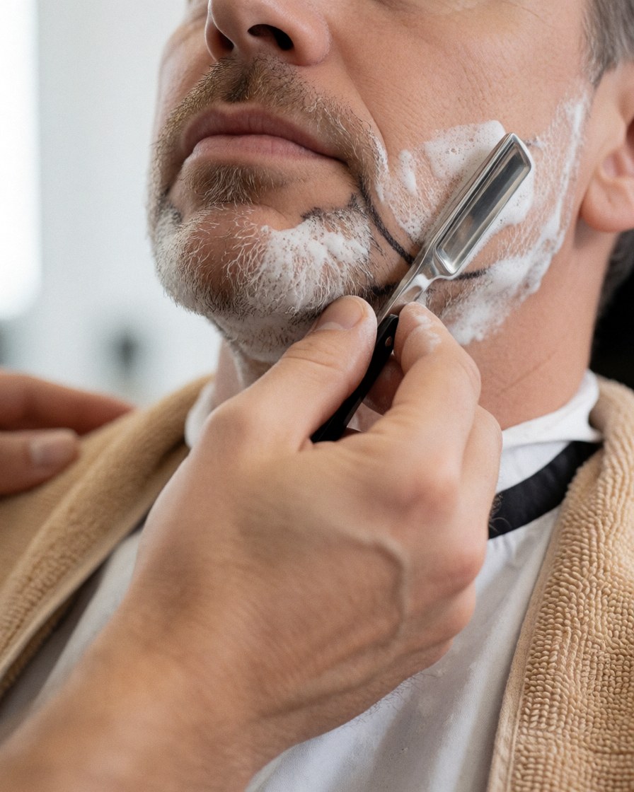 Un barbier utilisant une lame et de la mousse pour raser la barbe d'un client, serviette sur l'épaule dans un salon propre.