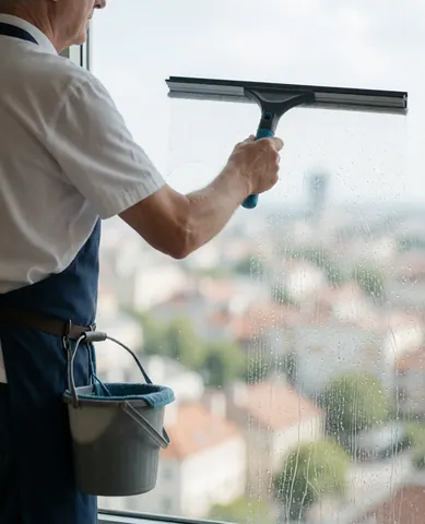 Un professionnel nettoie une grande fenêtre en utilisant une raclette, avec des bâtiments urbains visibles en arrière-plan.